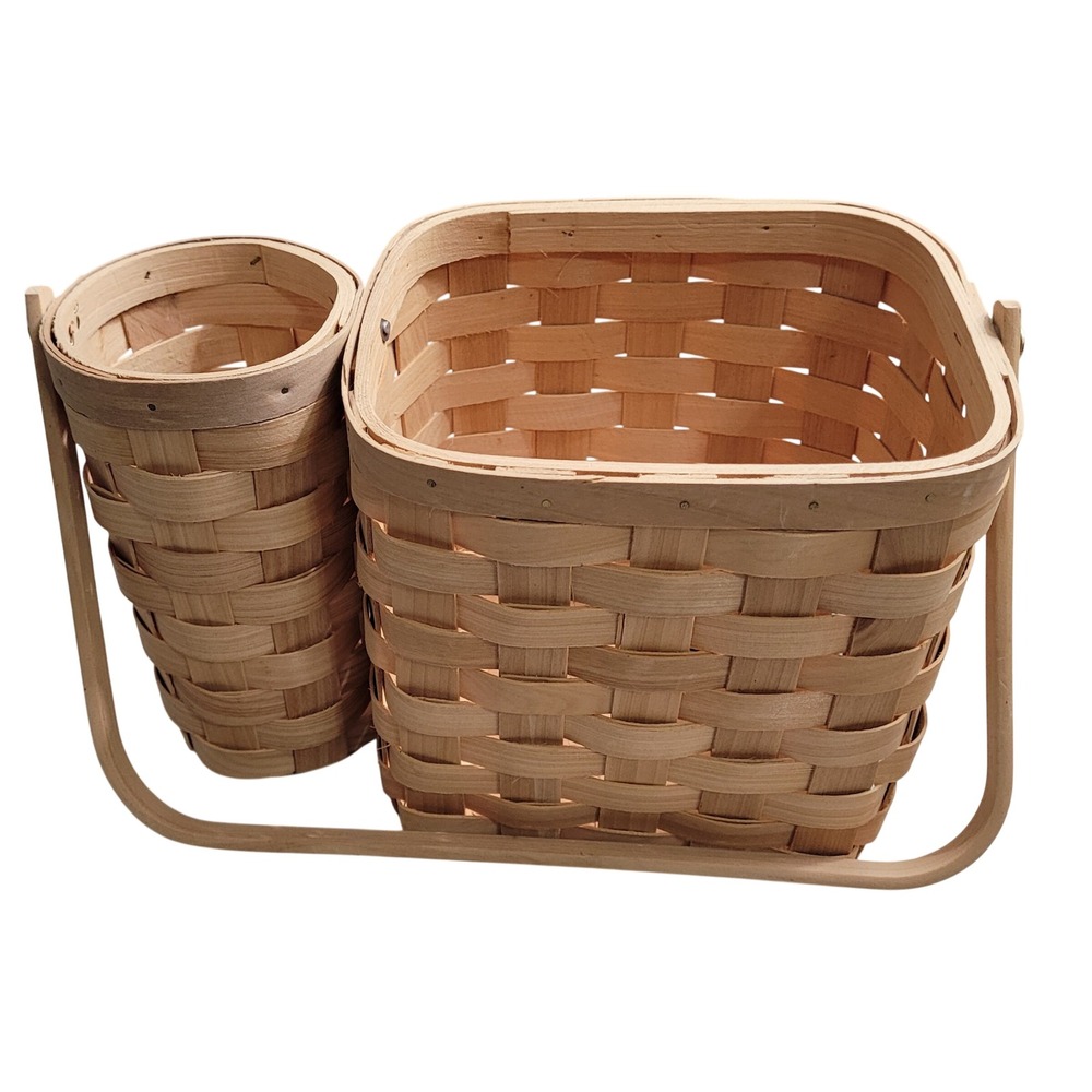 Handwoven Wood Splint Picnic Caddy Utensil Napkin Basket Natural Tan Excellent